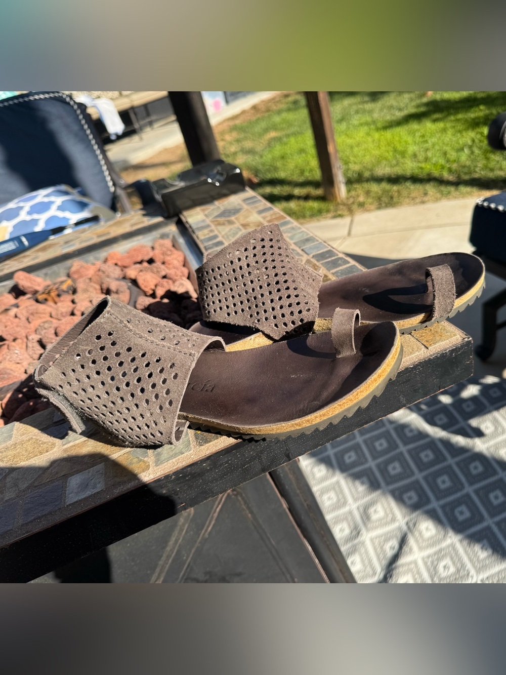 Pedro Garcia Brown Perforated Suede Toe-Ring Sandals